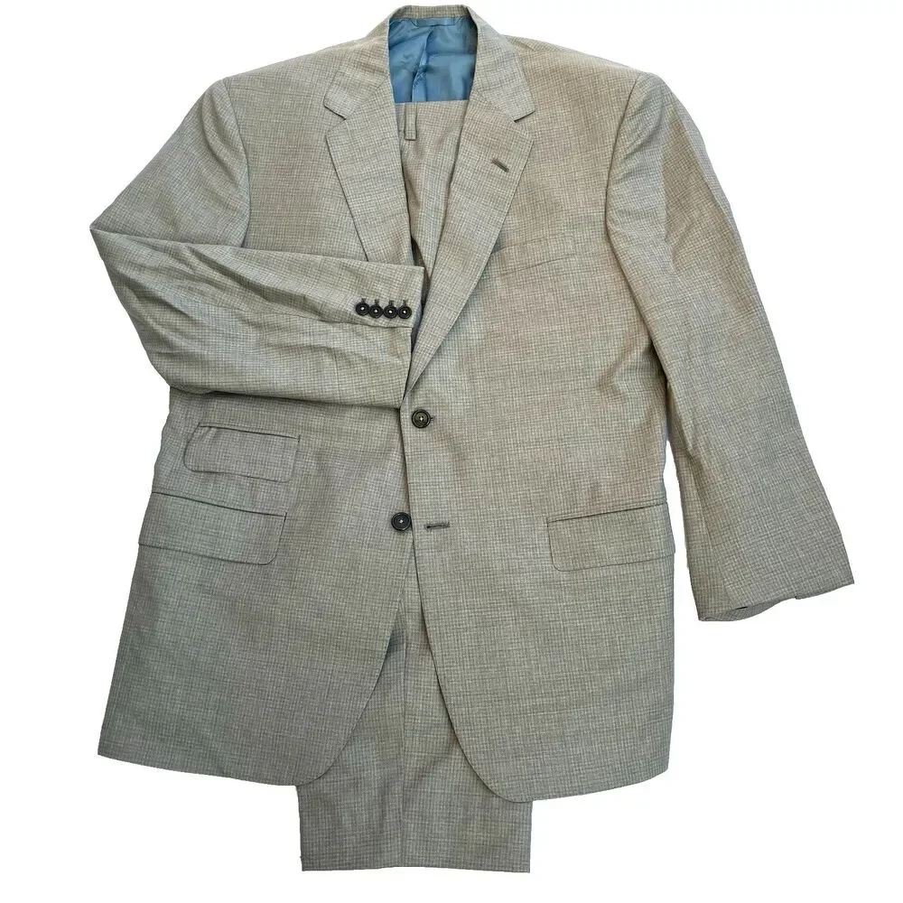 Oxxford Clothes Suit Surgeon Cuff Bespoke 42 44 S Pants 34 Check Plaid Tan Gray